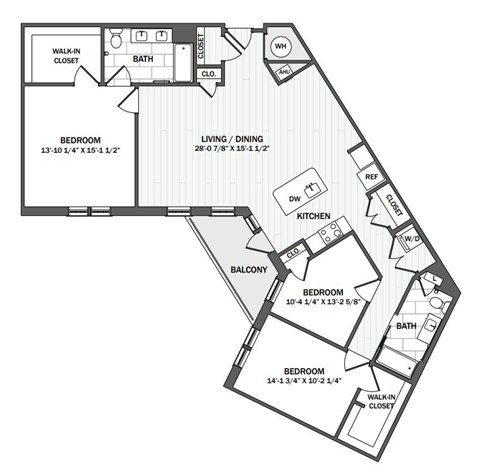 A black and white image of a floor plan for a house with four bedrooms, a living/dining area, a kitchen, a bath, a walk-in closet, and a balcony.